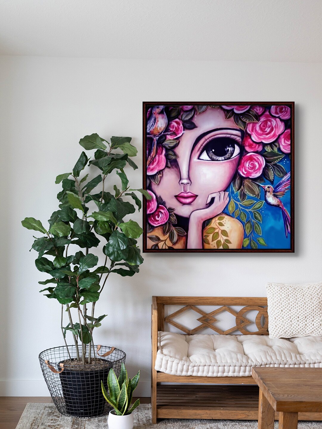 

999Store Pink & Blue Flower & Bird with Romi Lerda Art Canvas Painting