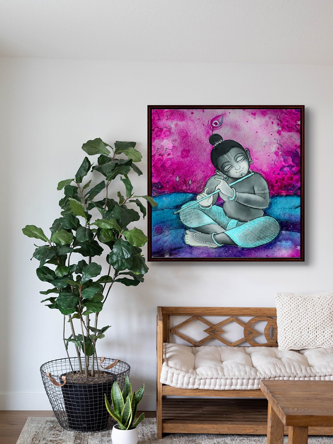 

999Store Pink & Blue Lord Krishna Painting Framed Wall Art