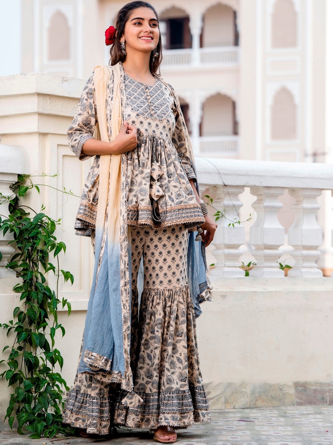 

ArtiZenWeaves Floral Printed Pleated Gotta Patti Kurta with Sharara & Dupatta, Beige
