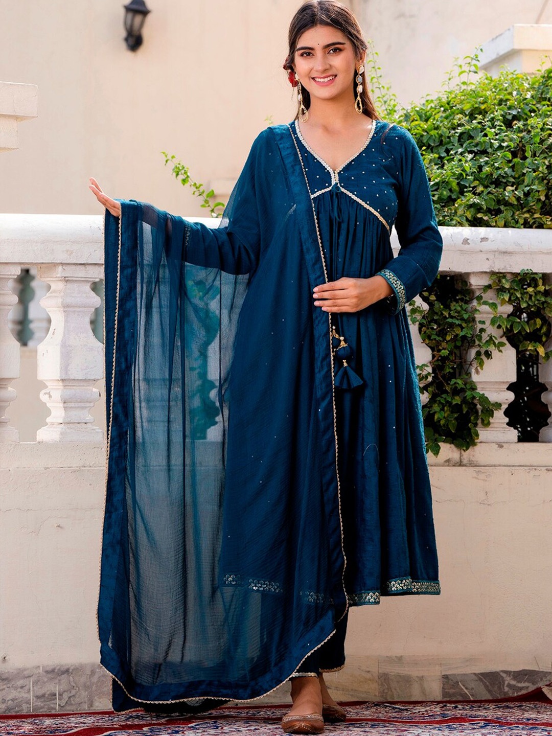 

ArtiZenWeaves Embroidered Pleated Sequinned Chanderi Silk Kurta with Trousers & Dupatta, Teal