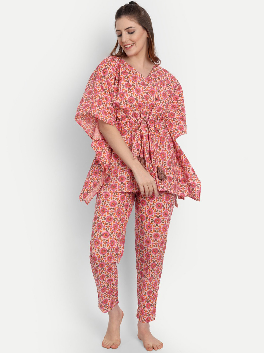 

githaan Women Floral Printed Pure Cotton Kaftan Night Suit, Pink