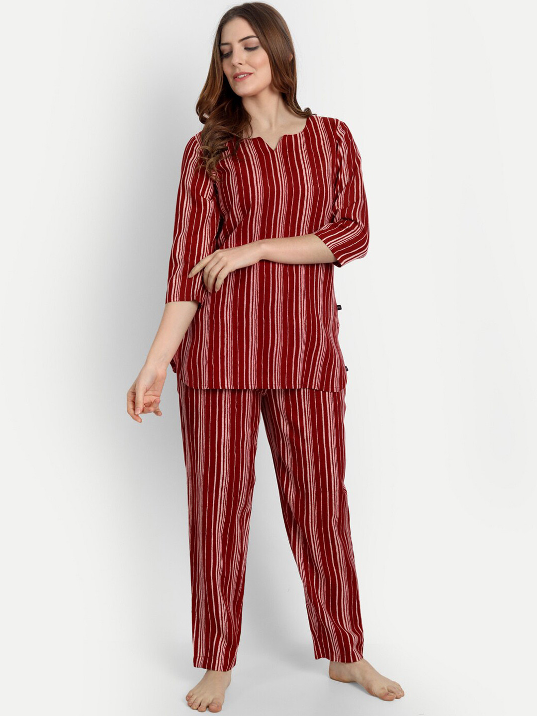 

githaan Women Striped Night Suit, Red