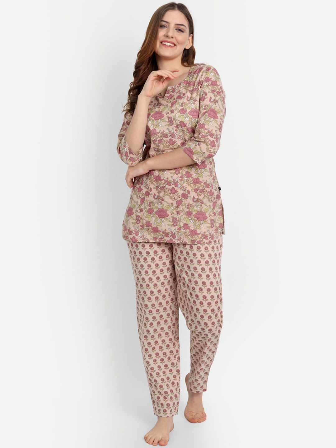 

githaan Women Floral Printed Pure Cotton Night Suit, Pink