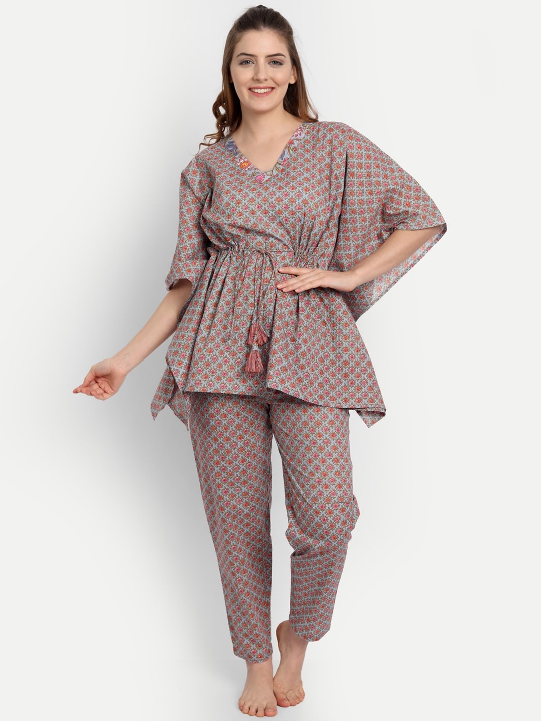 githaan Women Floral Printed Pure Cotton Kaftan Night Suit, Grey