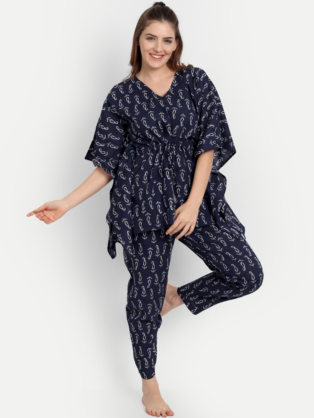 

githaan Women Ethnic Motifs Printed Kaftan Night Suit, Navy blue