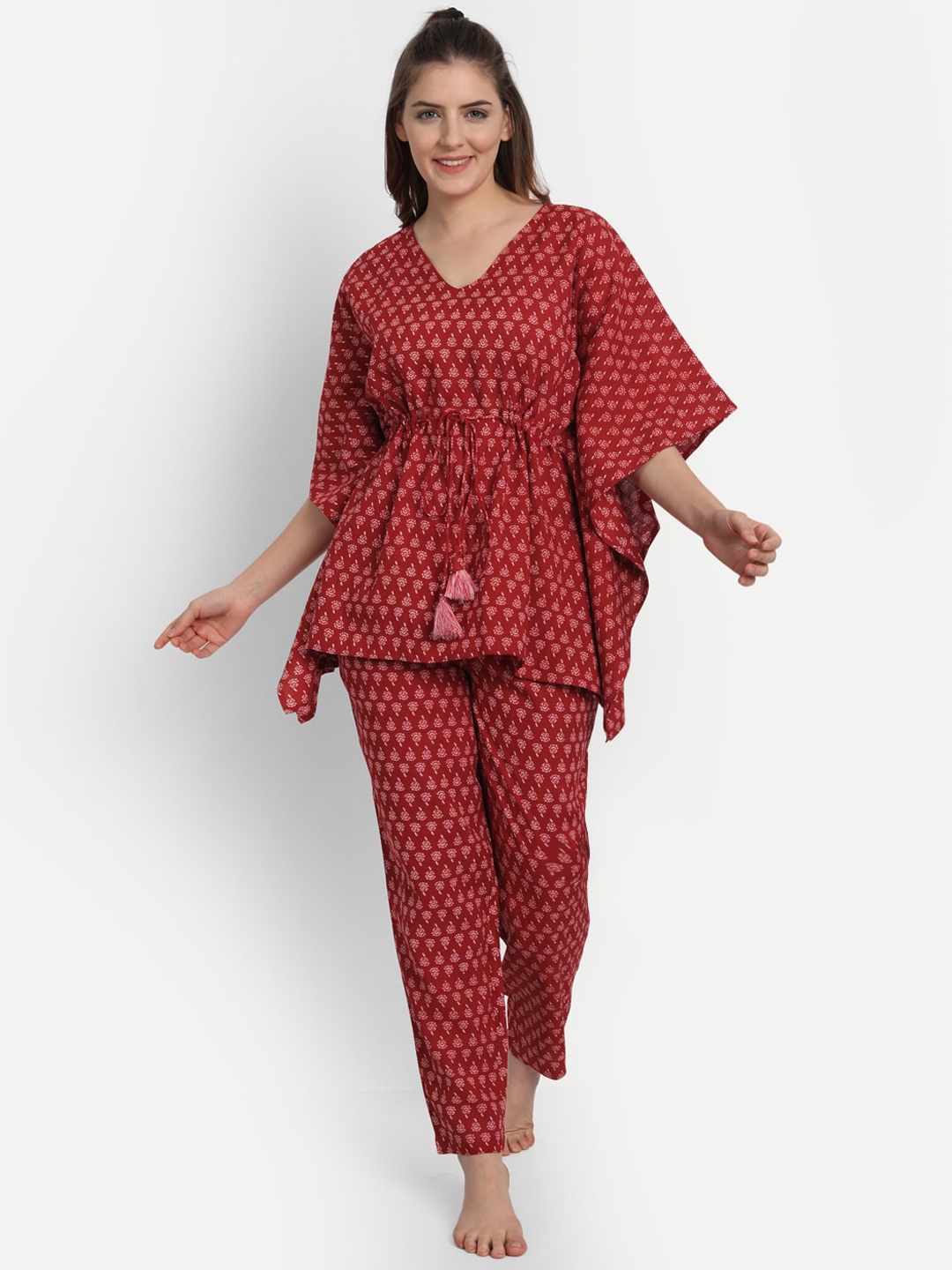 

githaan Women Floral Printed Kaftan Night Suit, Red