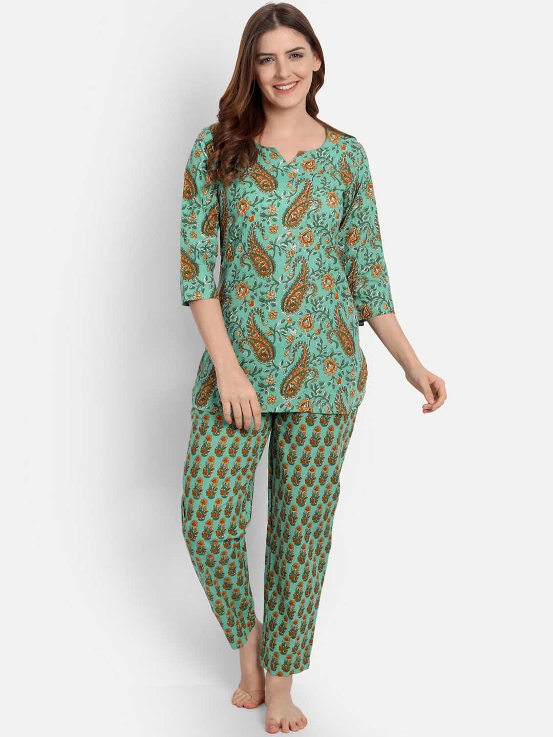 

githaan Women Ethnic Motifs Printed Pure Cotton Night Suit, Green