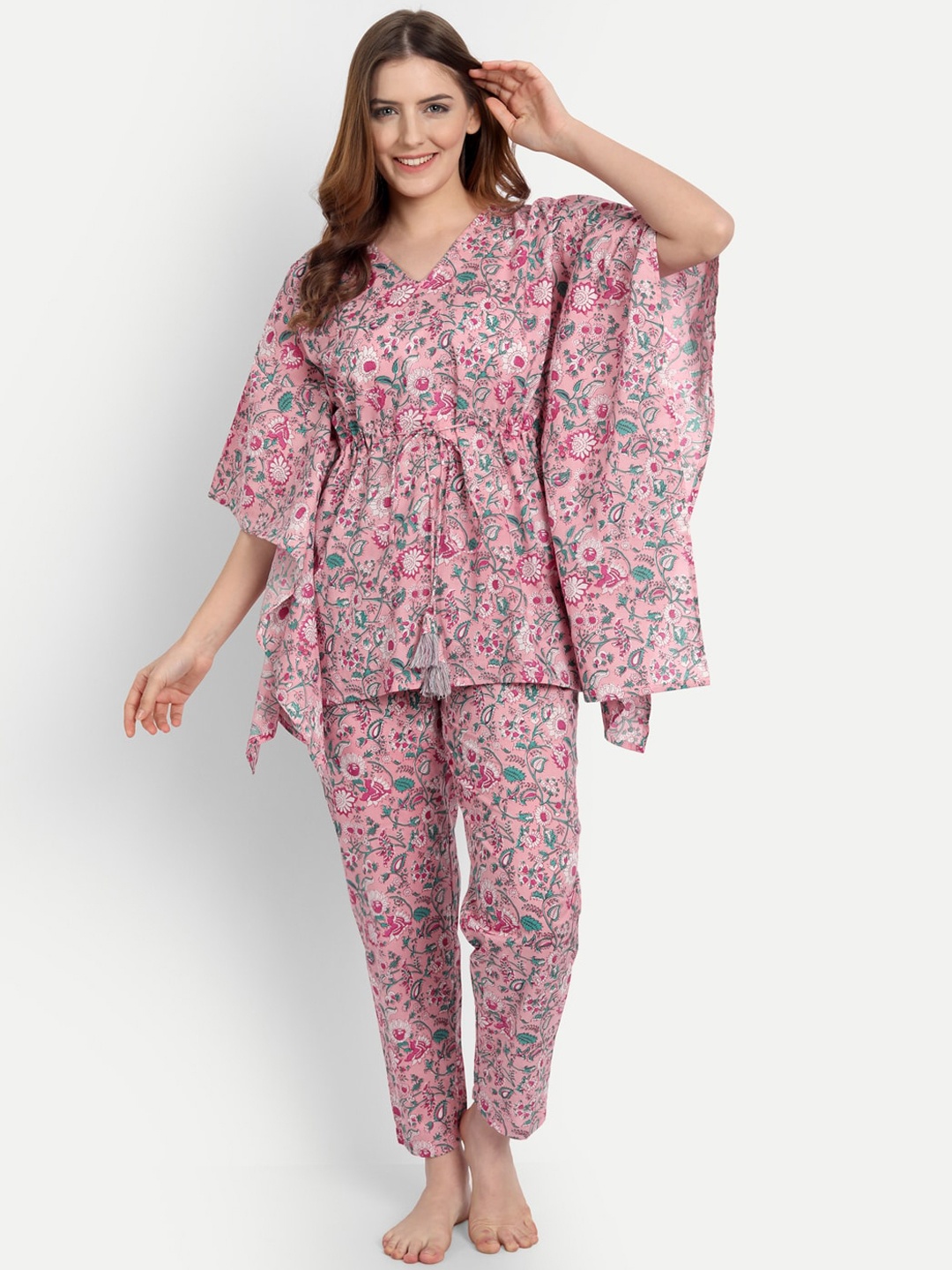 

githaan Women Floral Printed Pure Cotton Kaftan Night Suit, Pink