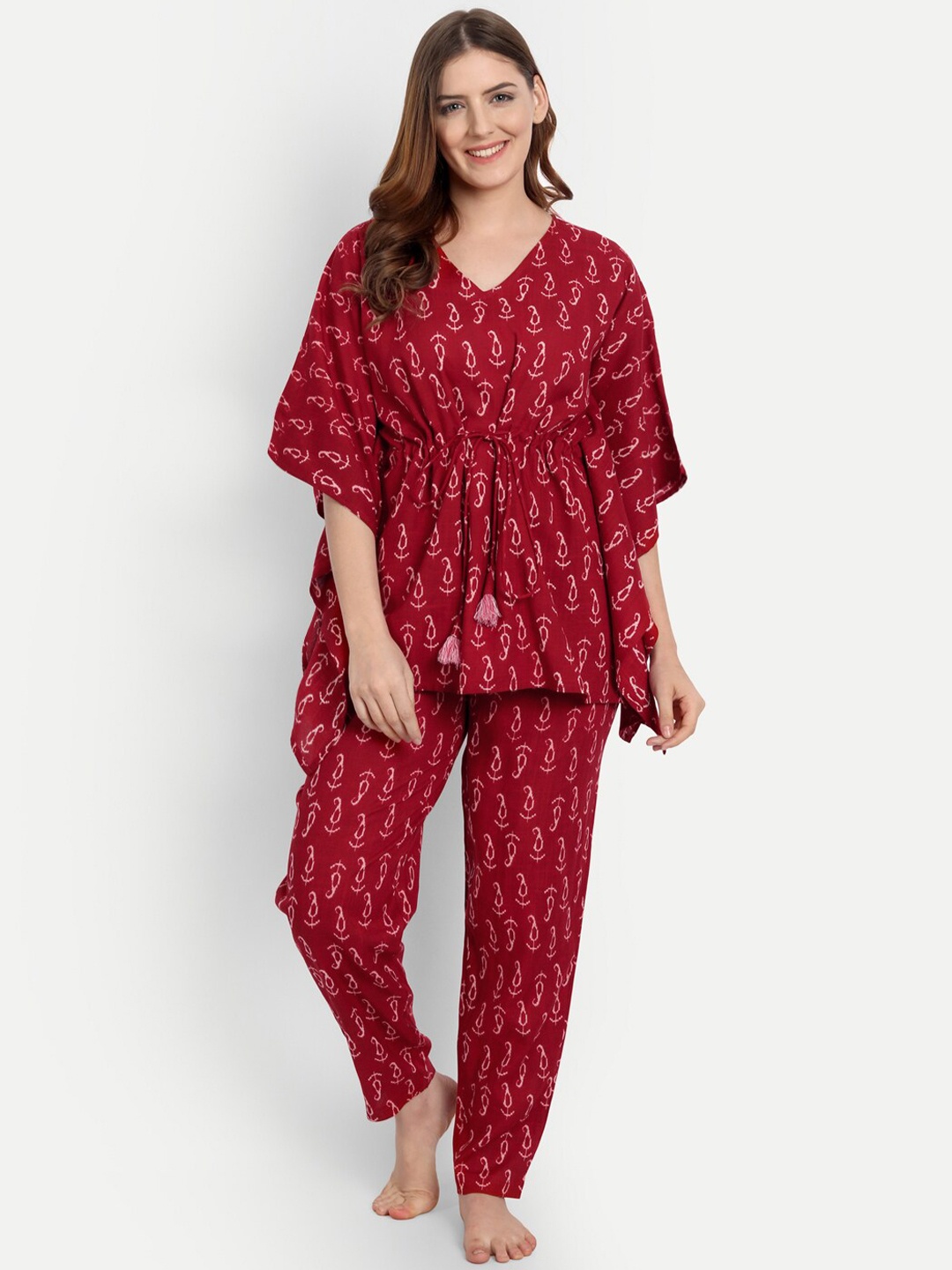 

githaan Women Ethnic Motifs Printed Kaftan Night Suit, Red