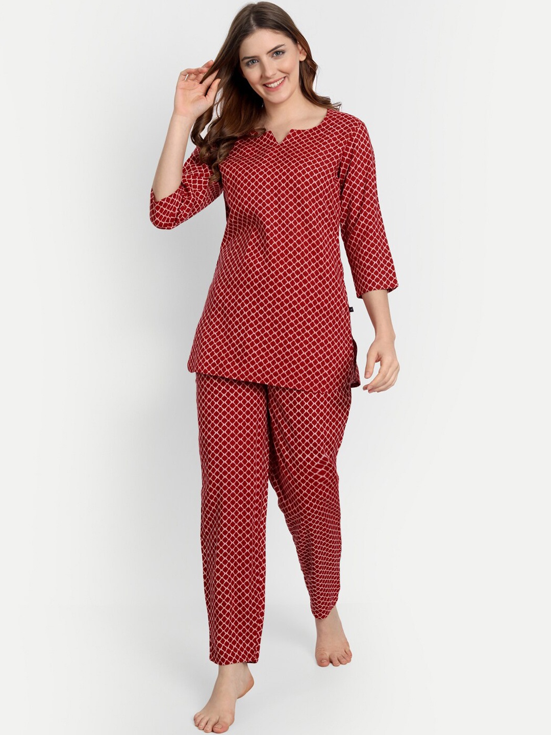 

githaan Women Geometric Printed Night Suit, Red
