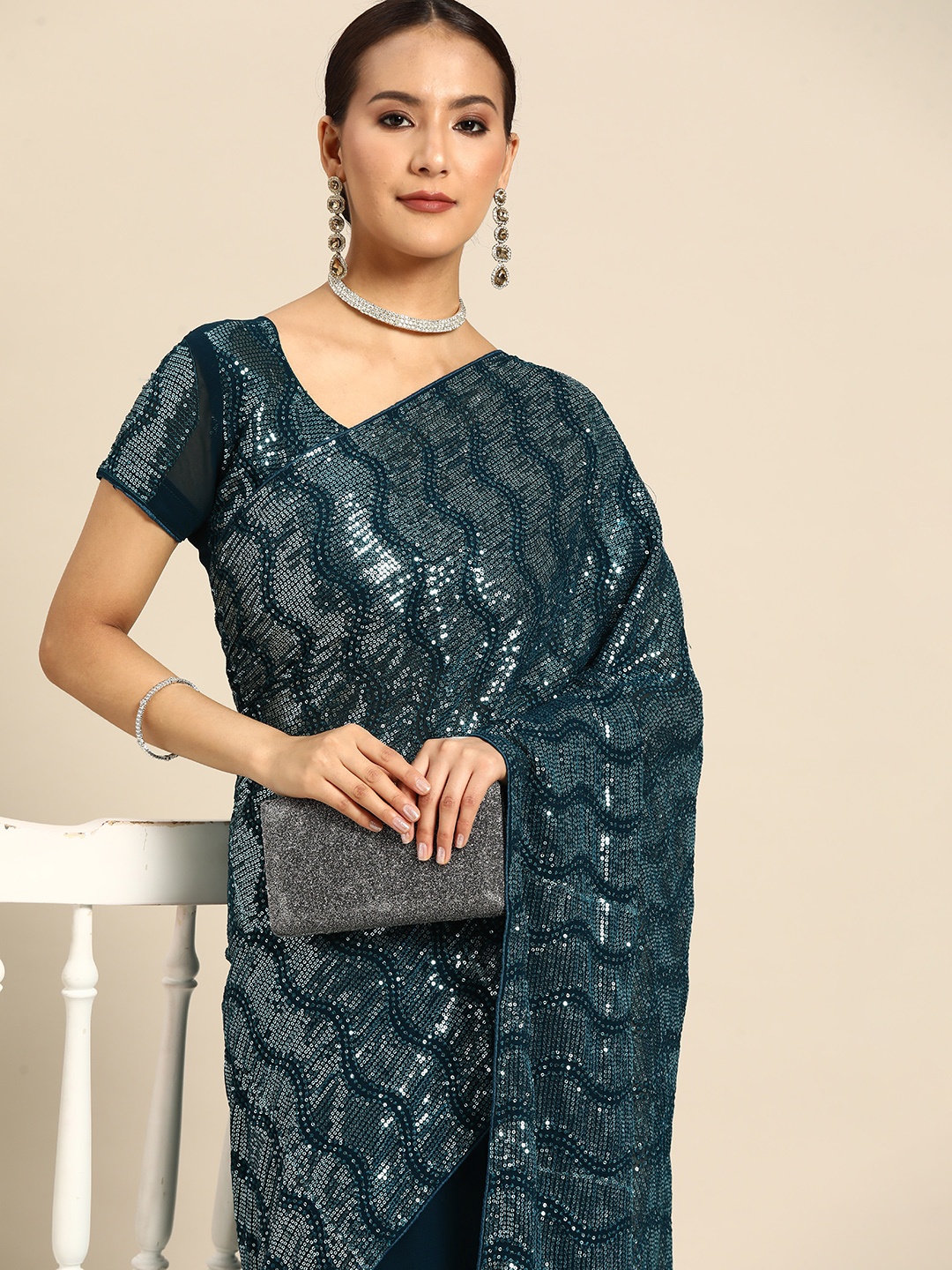 

SERONA FABRICS Embellished Sequinned Pure Georgette Saree, Blue