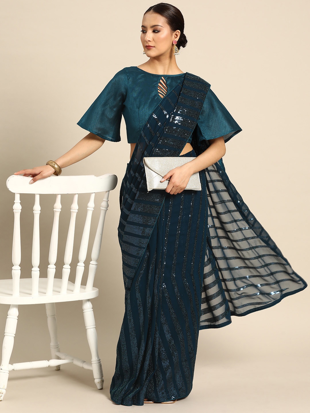 

SERONA FABRICS Embellished Sequinned Pure Georgette Saree, Teal