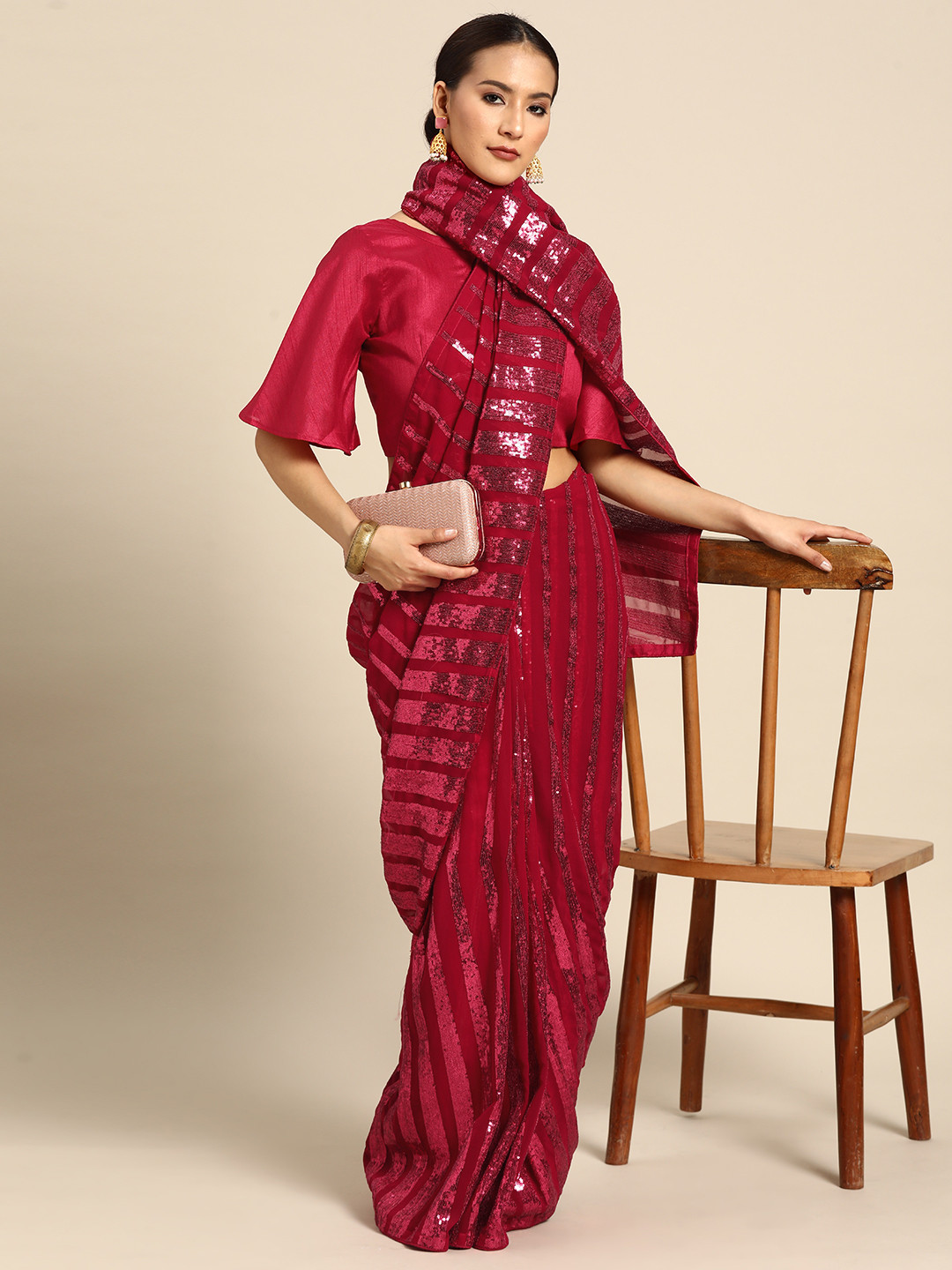 

SERONA FABRICS Embellished Sequinned Pure Georgette Saree, Red