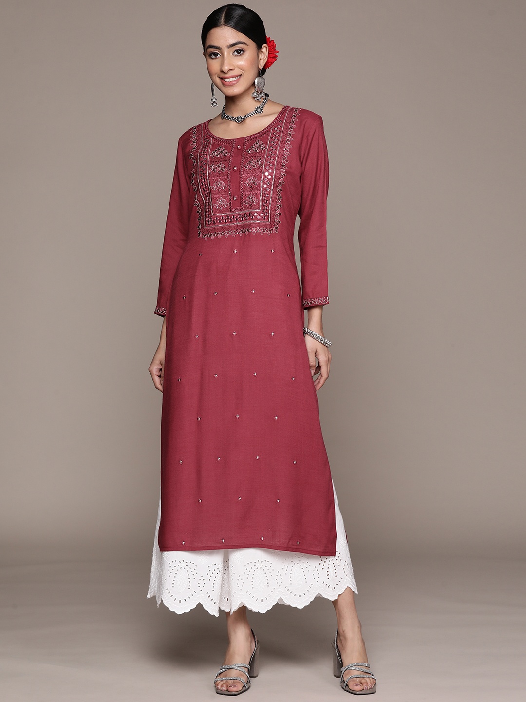 

Ishin Women Floral Yoke Design Mirror Work Kurta, Maroon