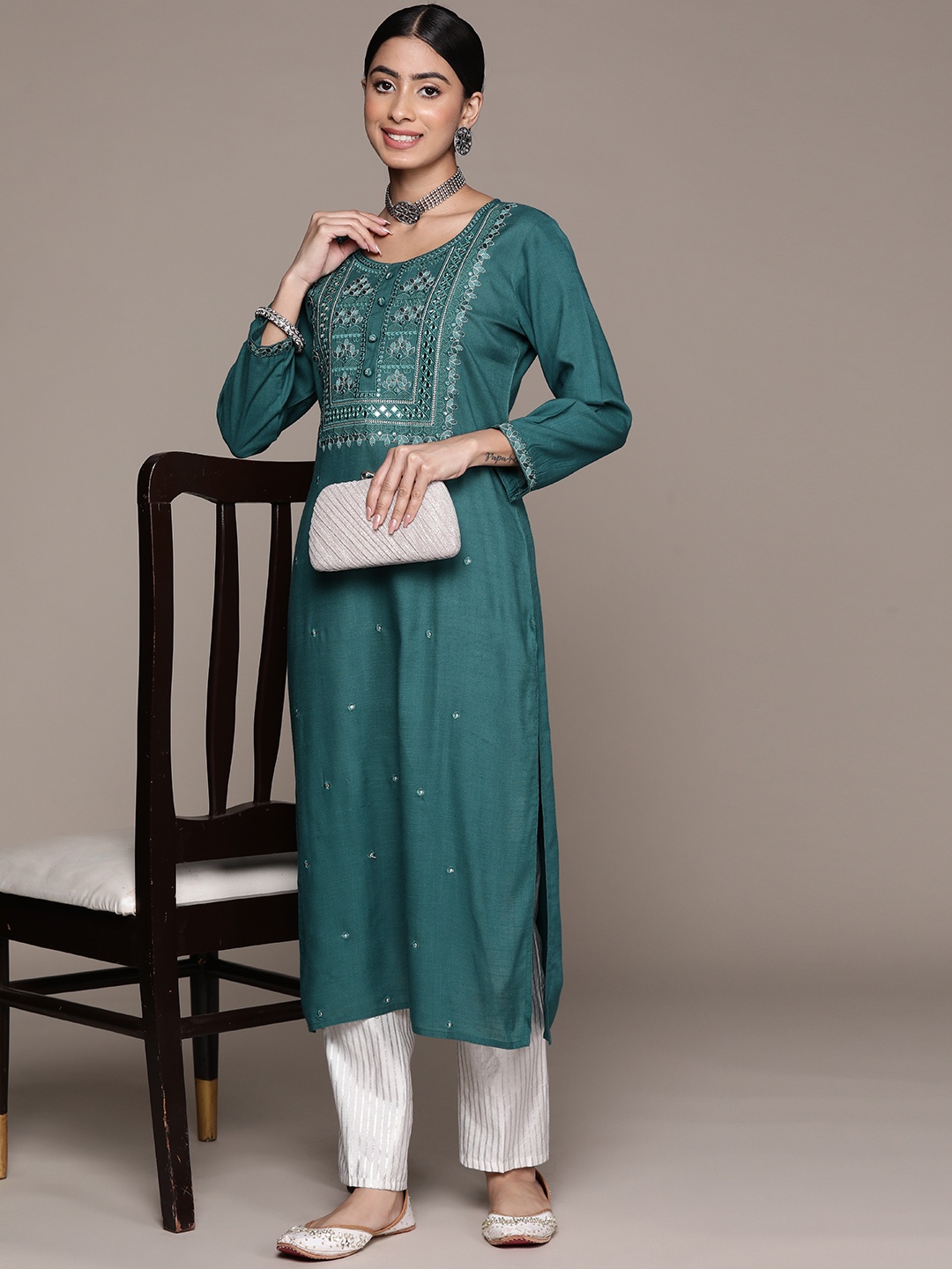 

Ishin Women Floral Yoke Design Mirror Work Kurta, Teal