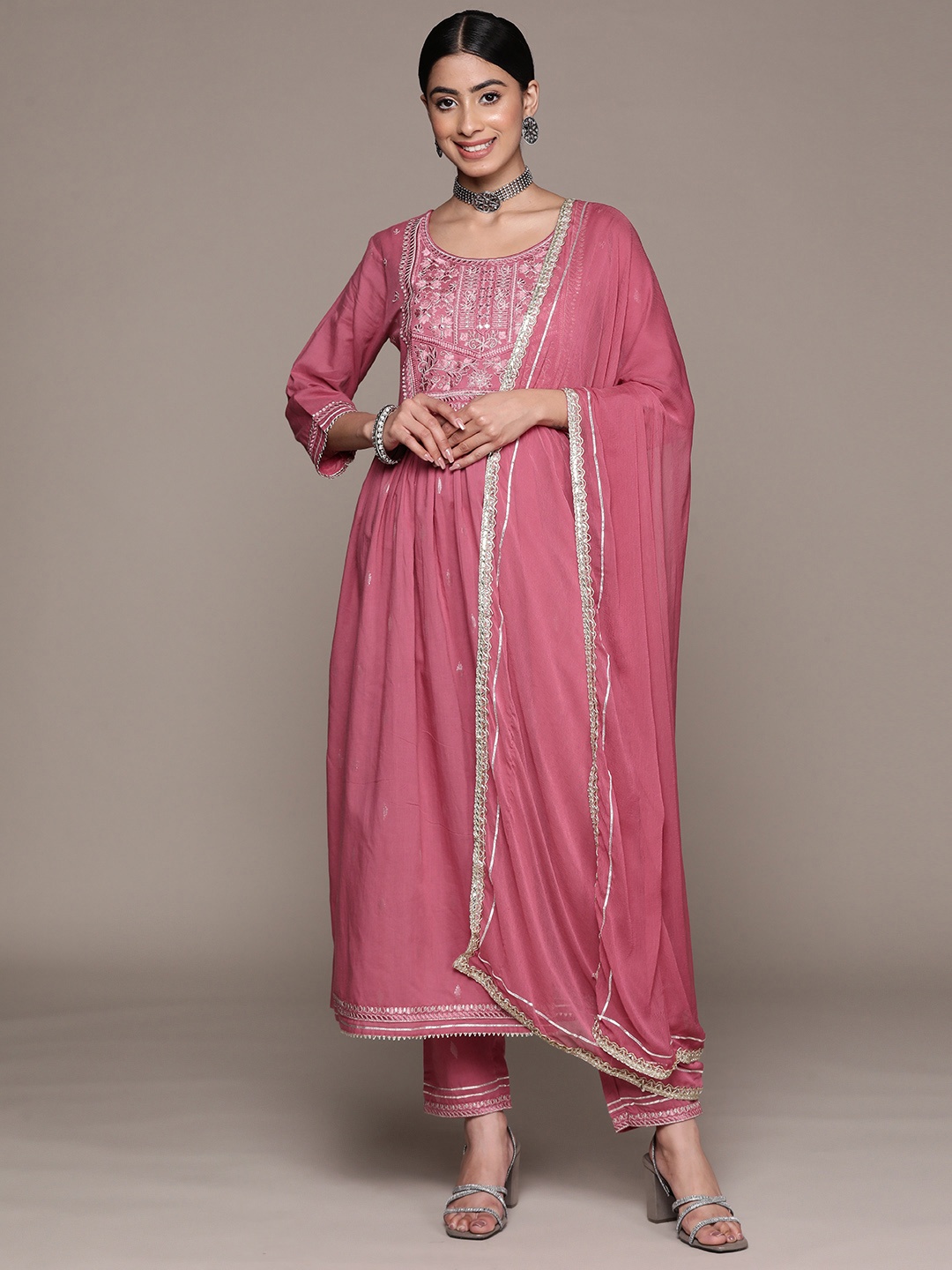 

Ishin Women Floral Yoke Design Pleated Mirror Work Kurta with Trousers & With Dupatta, Mauve