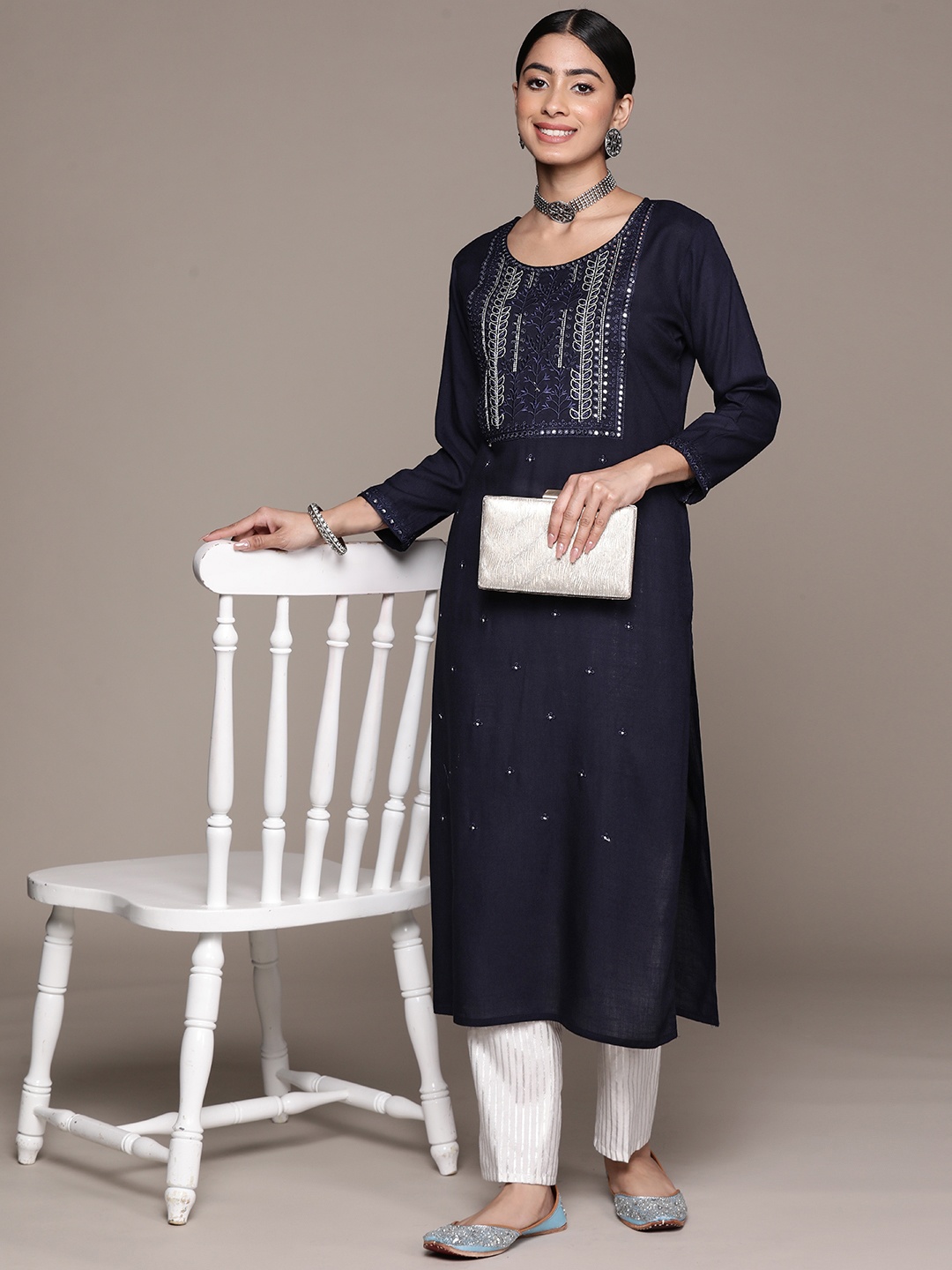 

Ishin Women Floral Yoke Design Mirror Work Kurta, Navy blue