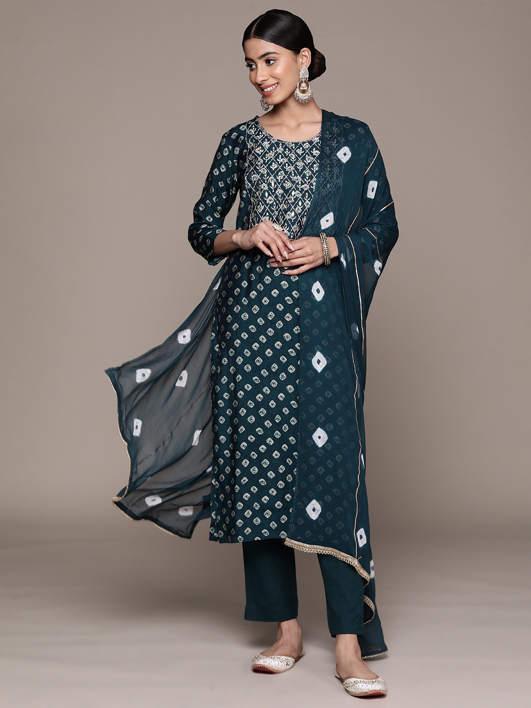 

Ishin Women Floral Yoke Design Mirror Work Kurta with Trousers & With Dupatta, Navy blue