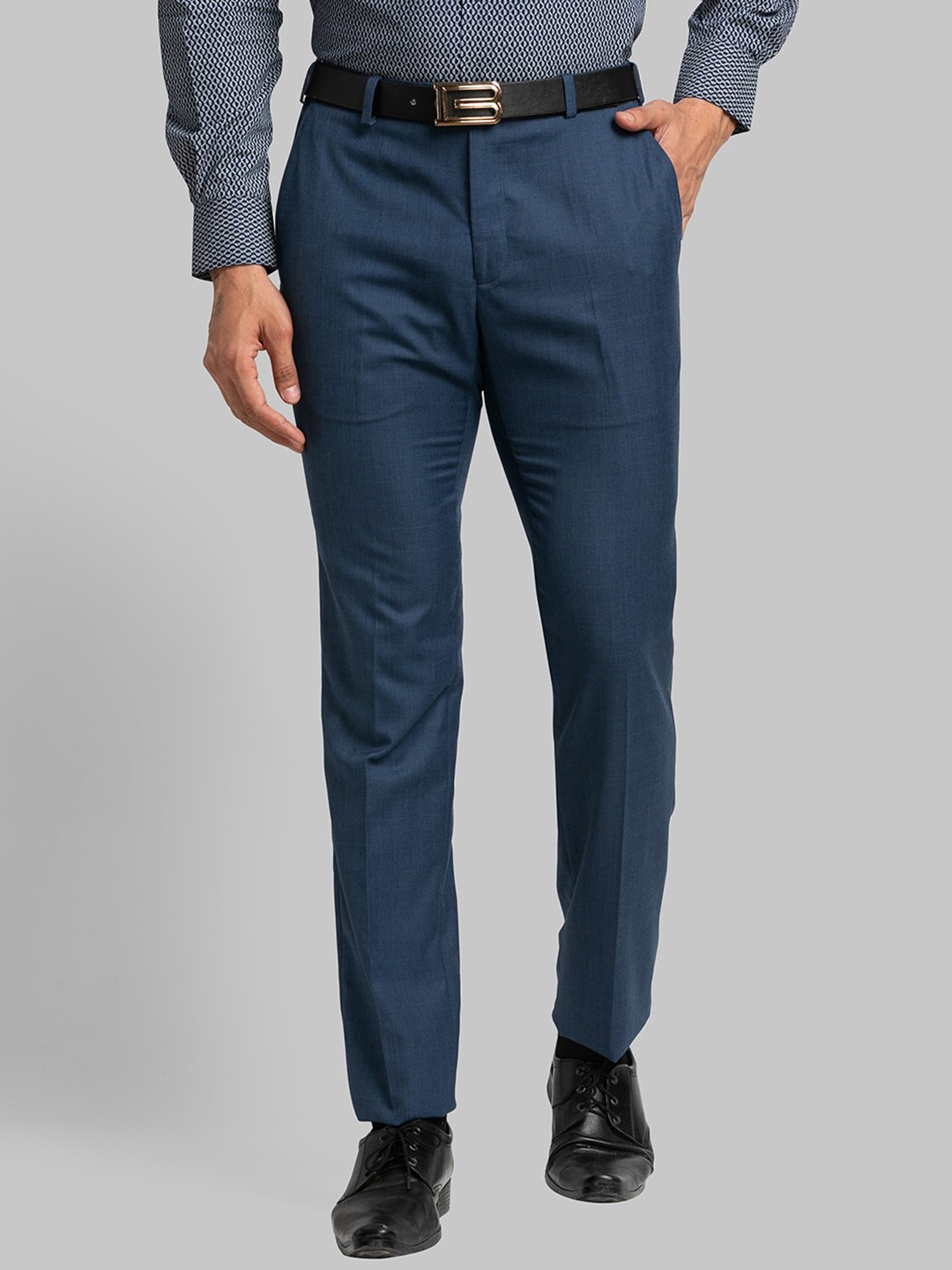 

Raymond Men Slim-Fit Mid-Rise Formal Trousers, Blue