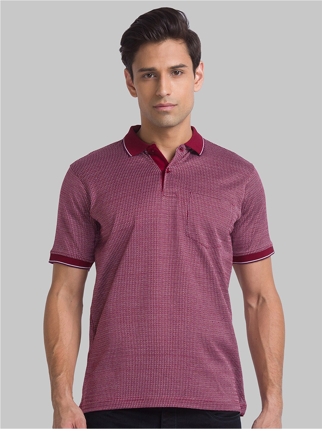 

Raymond Men Micro or Ditsy Printed Polo Collar Cotton T-shirt, Red