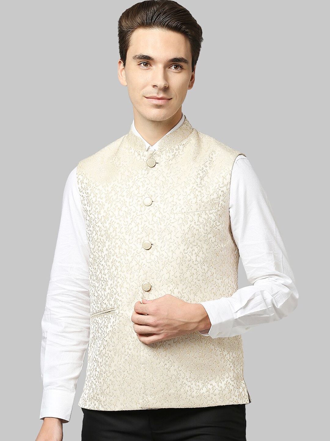 

Raymond Floral Printed Sleeveless Bandhgala Waistcoat, Beige