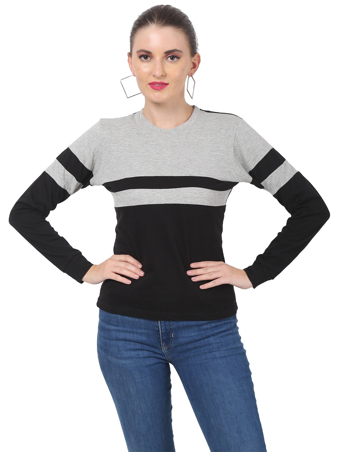 

DIAZ Women Colourblocked Cotton T-shirt, Black