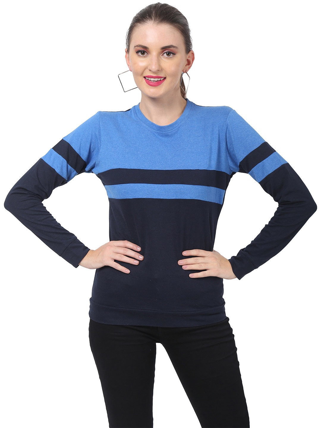 

DIAZ Women Colourblocked Long Sleeves Cotton T-shirt, Blue