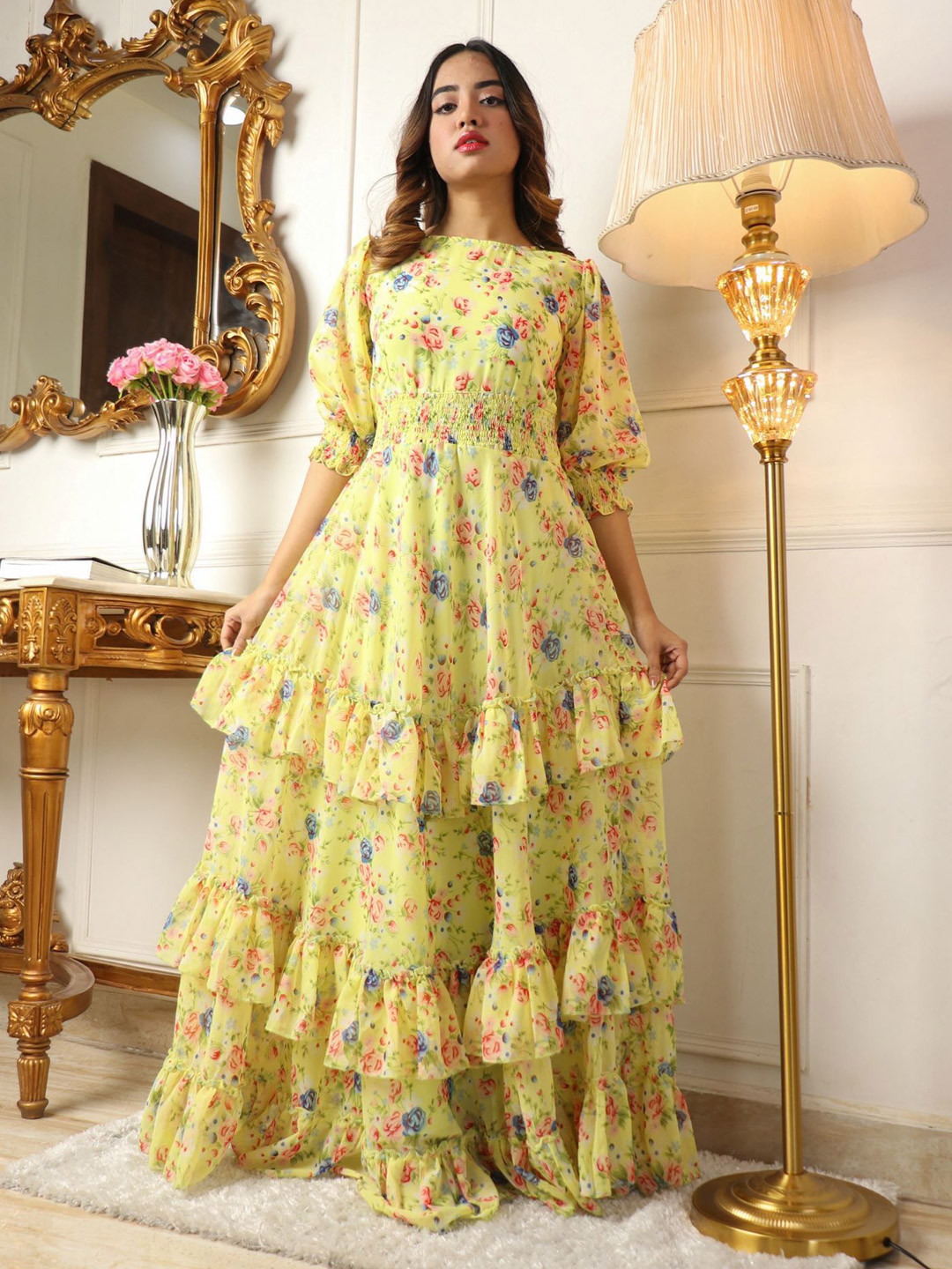 

Virah Fashion Floral Printed Georgette Layered Maxi Dress, Yellow