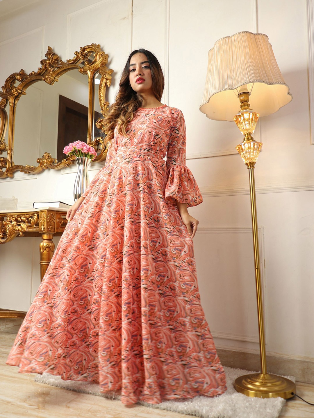 

Virah Fashion Printed Bell Sleeves Georgette Fit & Flare Maxi Dress, Orange