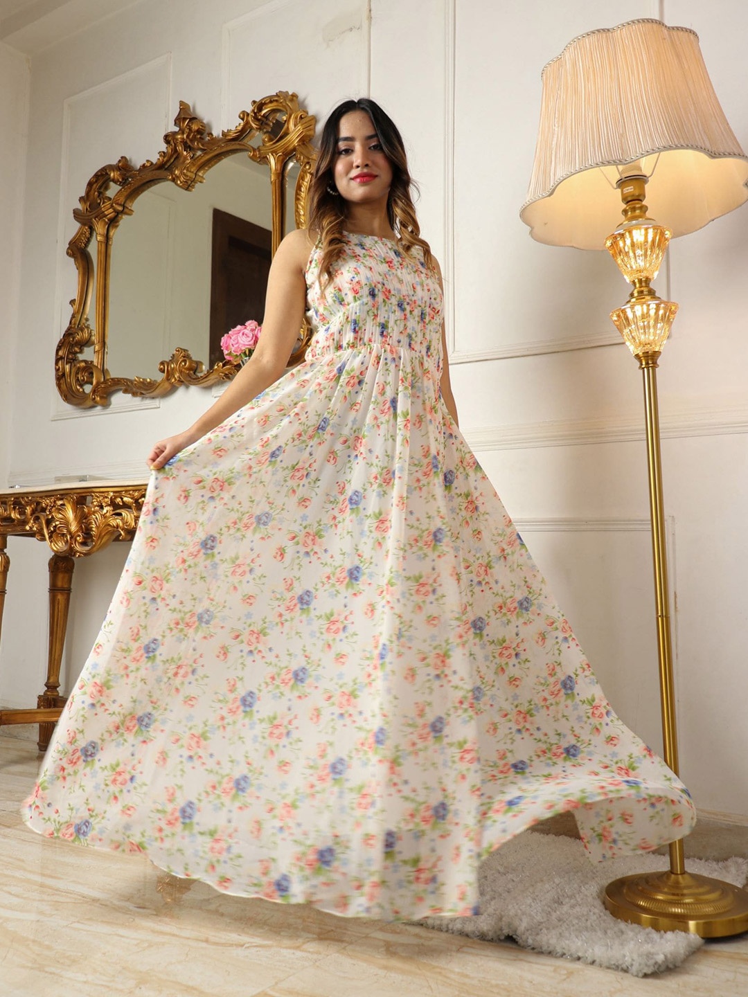 

Virah Fashion Floral Printed Pleated Maxi Fit & Flare Dress, Off white