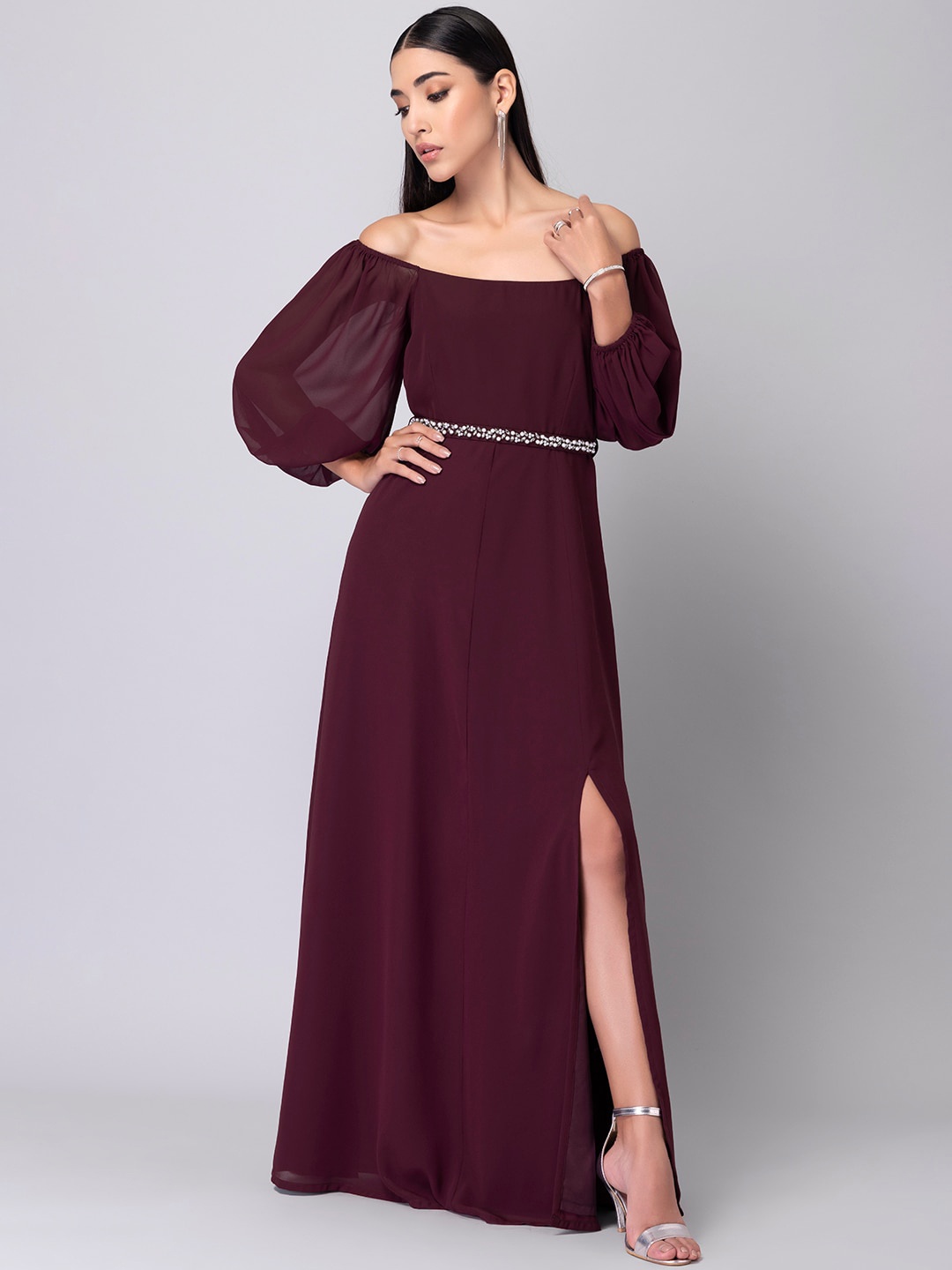 

FabAlley Off-Shoulder Puff Sleeves Slit Detail Georgette Maxi Dress, Maroon