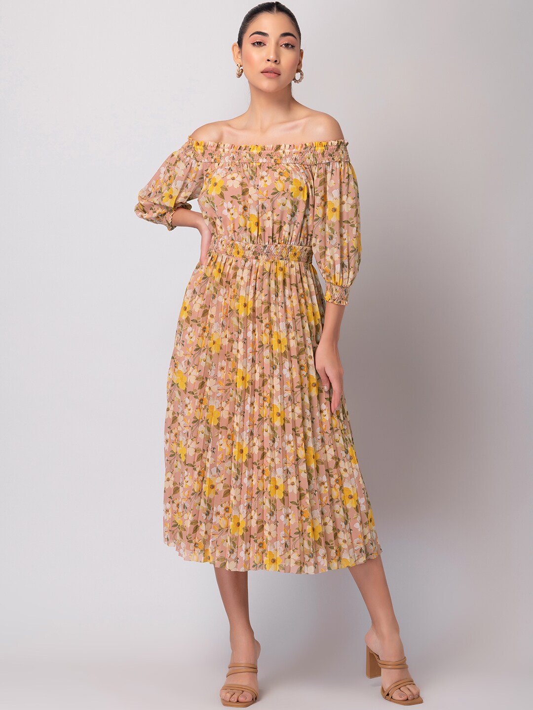 

FabAlley Floral Printed Off-Shoulder Puff Sleeves Georgette Midi Dress, Peach