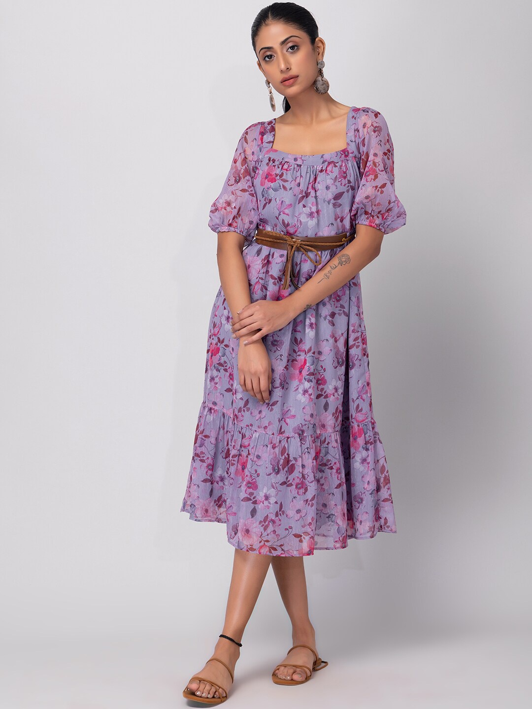 

FabAlley Floral Printed Puff Sleeves Georgette Midi Dress, Purple