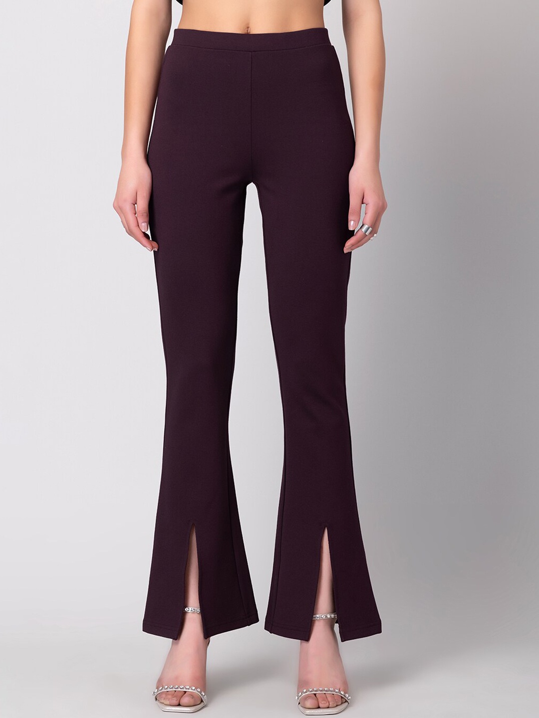 

FabAlley Women High-Rise Boot Cut Trousers With Front Slits, Purple