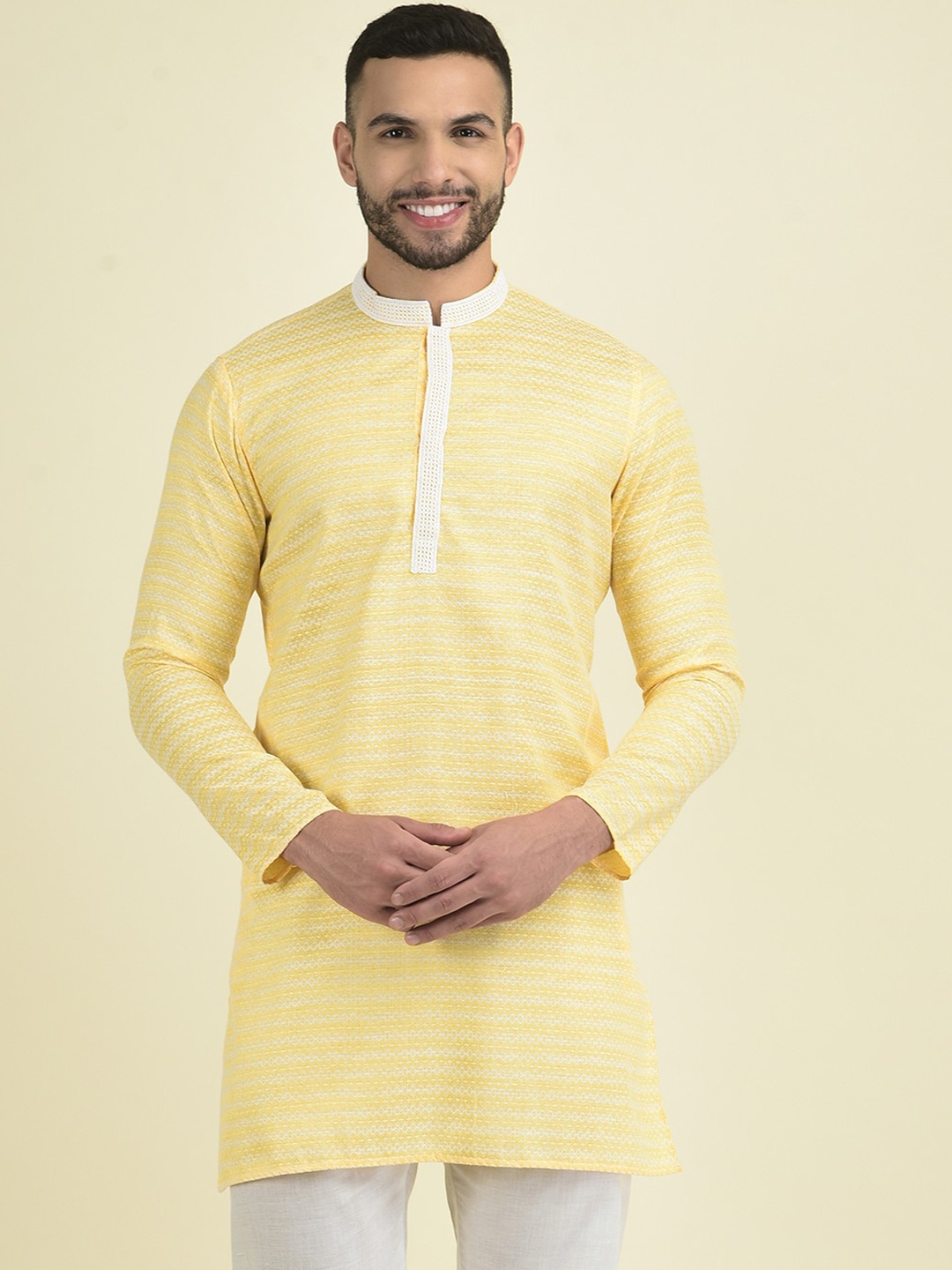 

Anouk Men Geometric Woven Design Thread Work Jacquard Kurta, Yellow