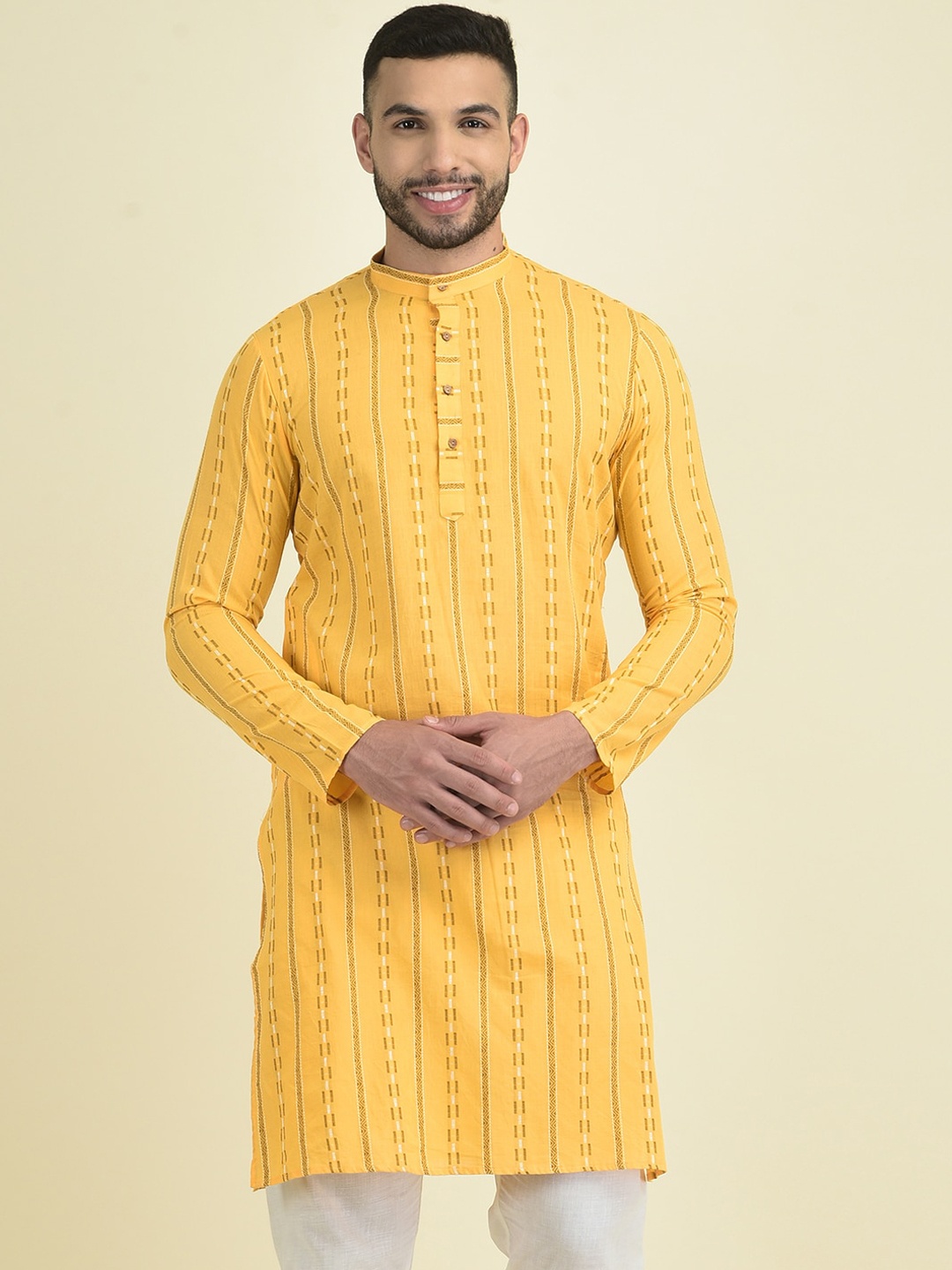 

Anouk Men Woven Design Geometric Thread Work Jacquard Kurta, Yellow