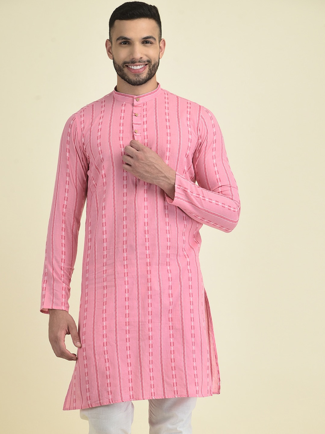 

Anouk Men Woven Design Geometric Thread Work Jacquard Kurta, Pink
