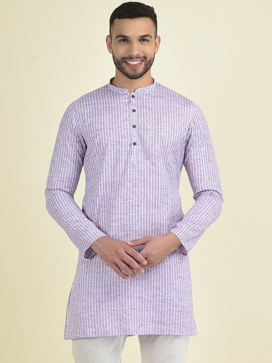 

Anouk Men Mandarin Collar Striped Jacquard Kurta, Purple