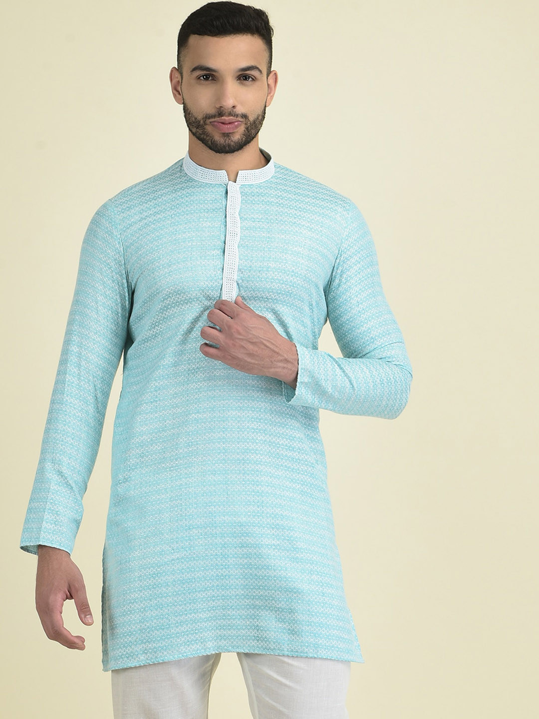 

Anouk Men Woven Design Geometric Thread Work Jacquard Kurta, Sea green