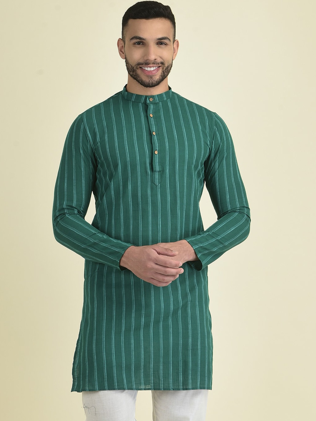 

Anouk Men Striped Thread Work Jacquard Kurta, Green