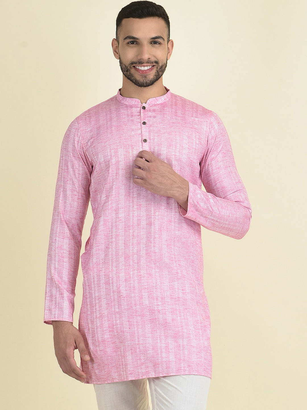 

Anouk Men Striped Woven Design Jacquard Kurta, Pink