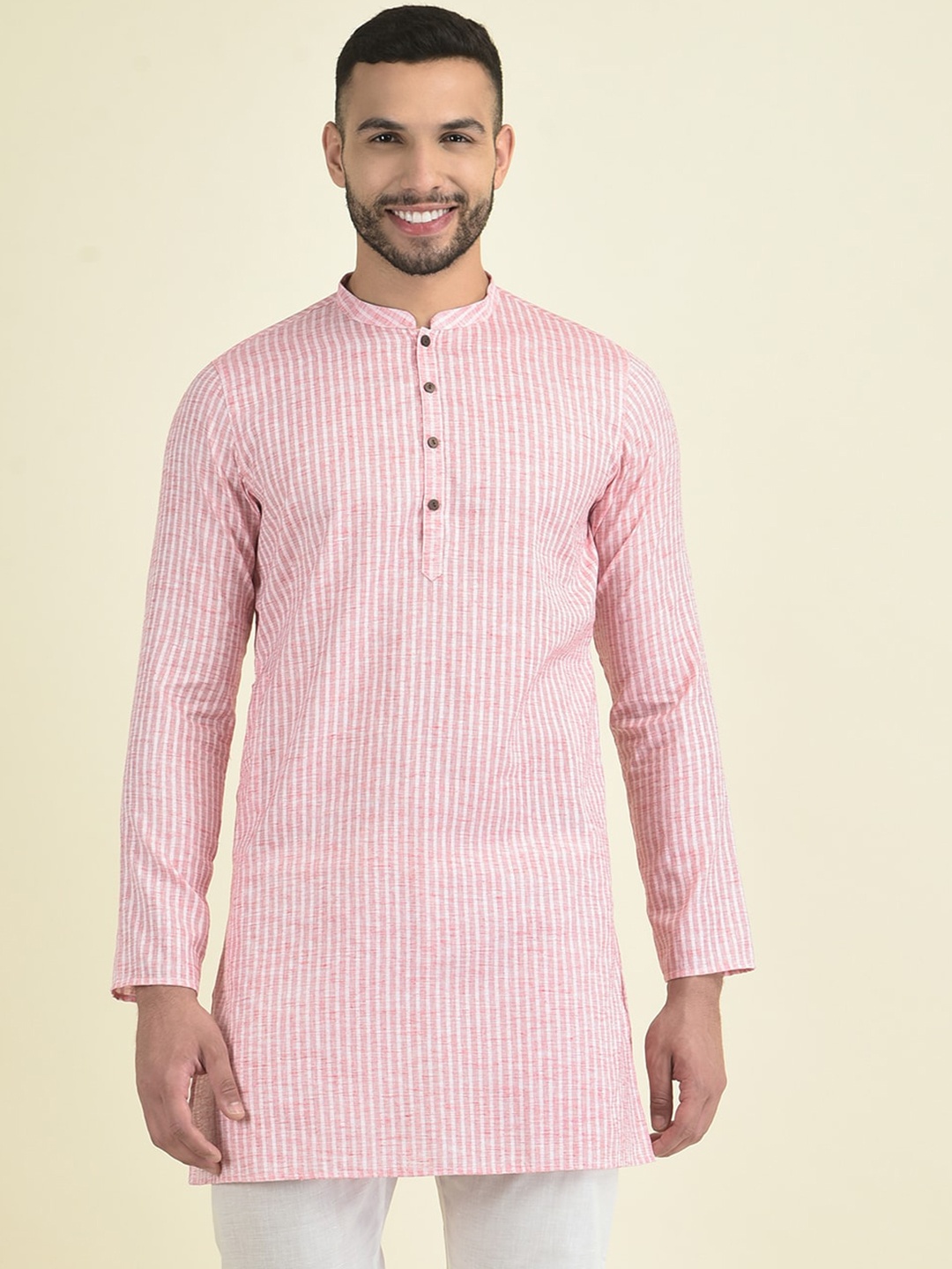 

Anouk Men Striped Woven Design Jacquard Kurta, Pink