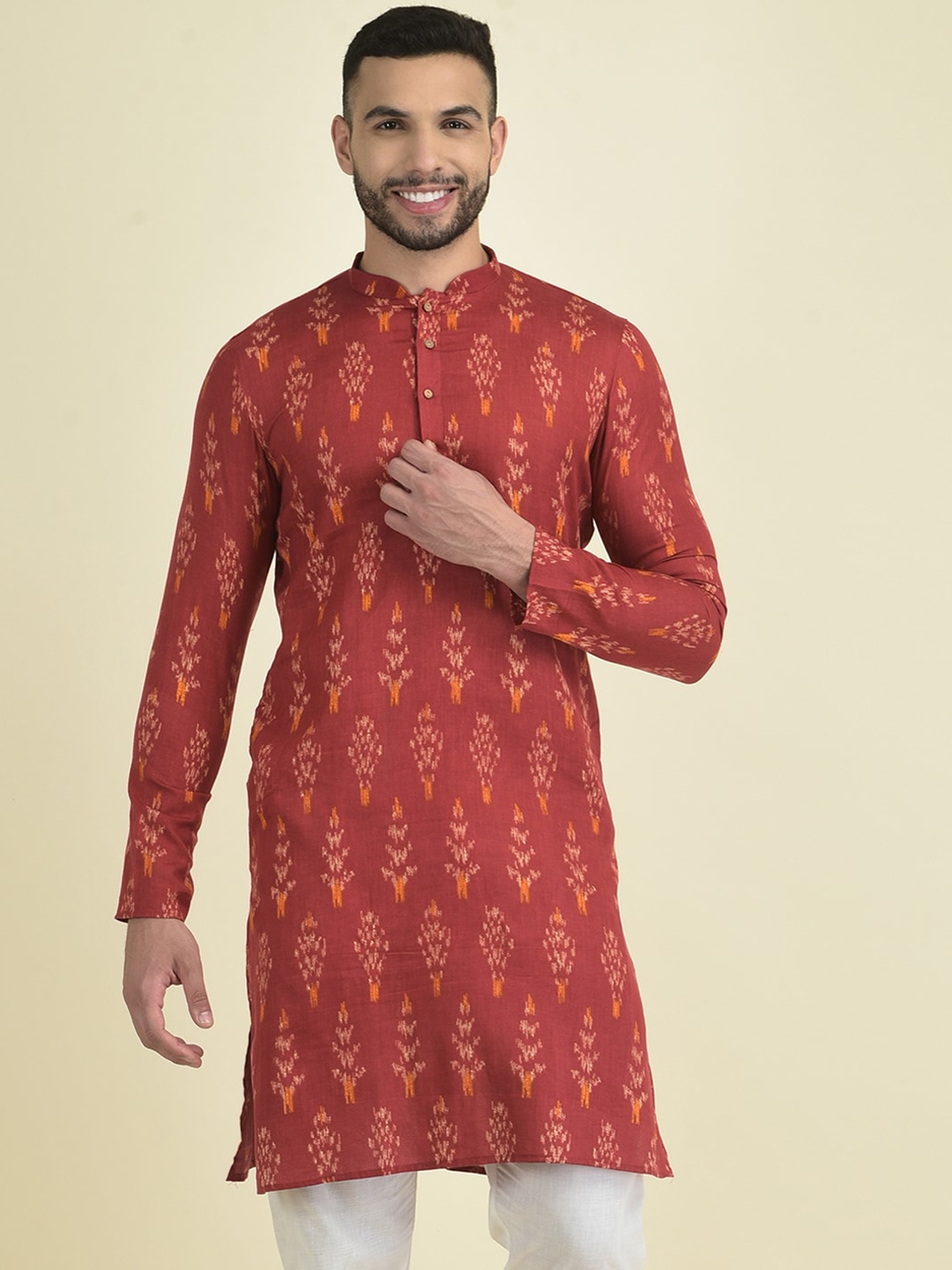 

Anouk Men Ethnic Motifs Woven Design Jacquard Kurta, Red