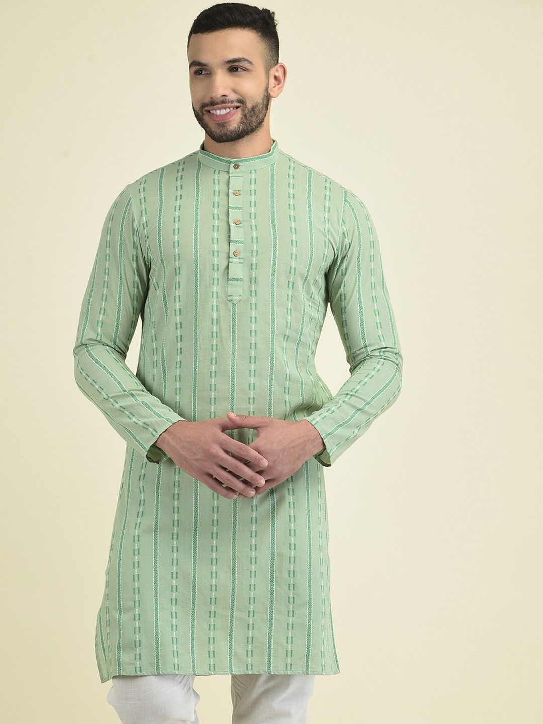 

Anouk Men Striped Jacquard Kurta, Green