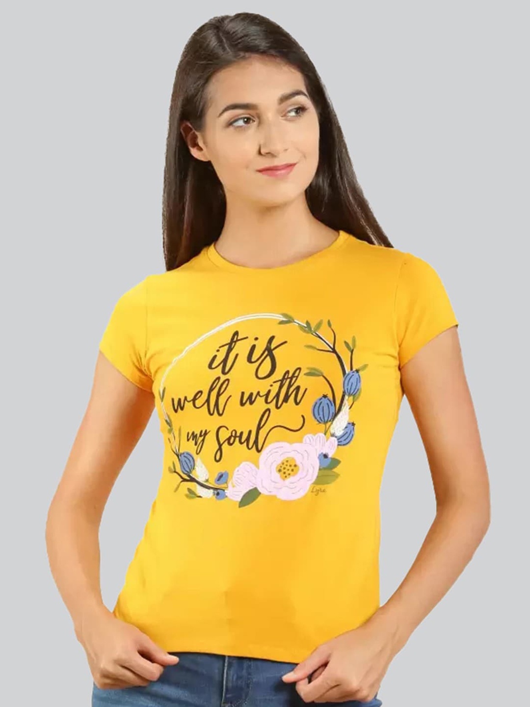 

LYRA Round Neck Typography Printed Floral Motif Cotton T-shirt, Yellow