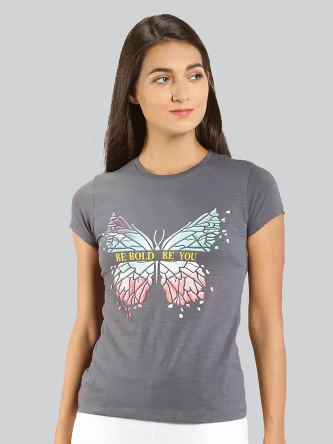 

LYRA Women Graphic Printed Cotton T-shirt, Grey