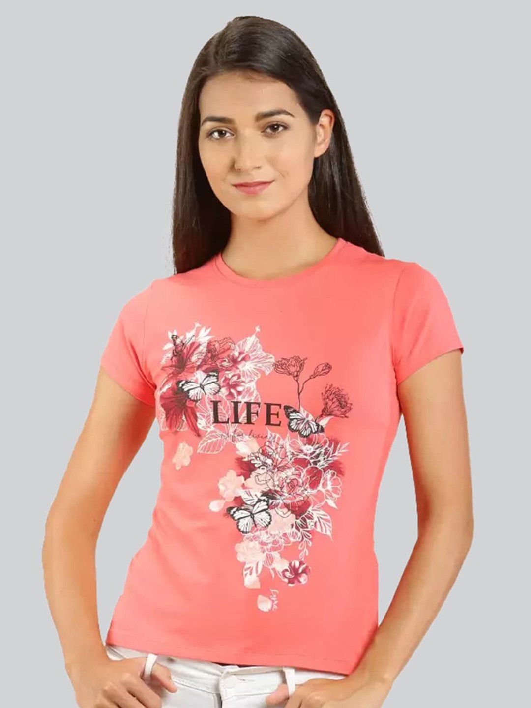 

LYRA Women Floral Printed Cotton T-shirt, Coral