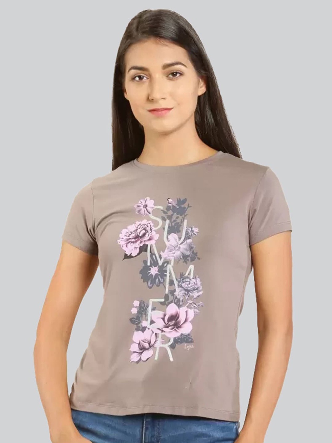 

LYRA Women Floral Printed Cotton T-shirt, Beige