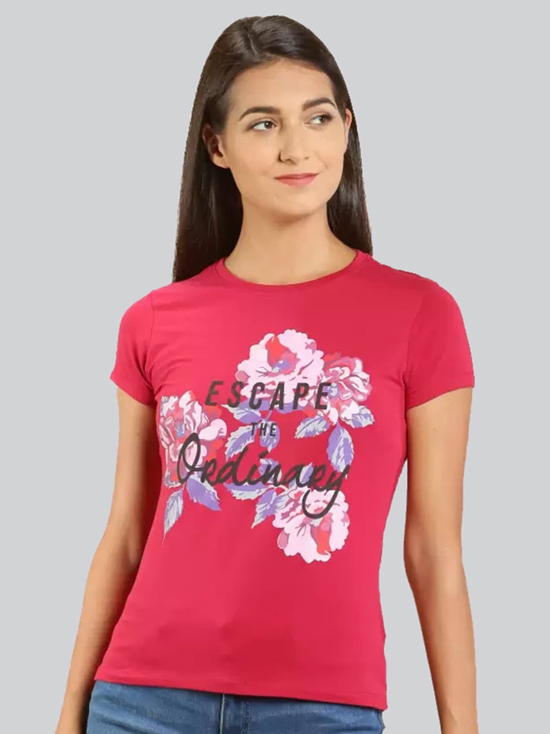 

LYRA Women Floral Printed Cotton T-shirt, Red