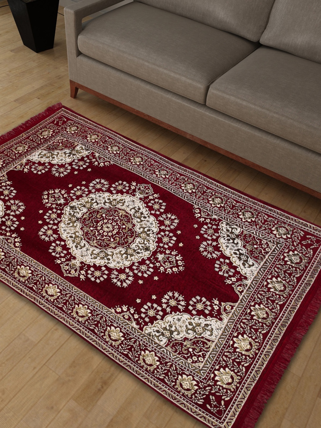 

Home Centre Corsica Classic Maroon & Cream-Colored Textured Cotton Chenille Woven Rectangular Carpet